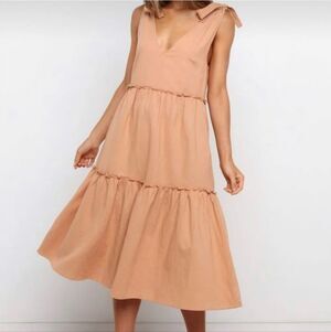 Petal & Pup Erenda Midi Dress Womens US 2 UK 6 Tan Tiered Linen Blend